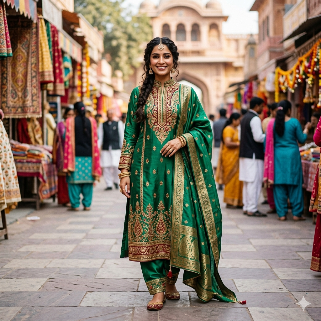 Royal Emerald Green Embroidered Salwar Kameez - Traditional 3-Piece Silk Suit with Golden Zari Work