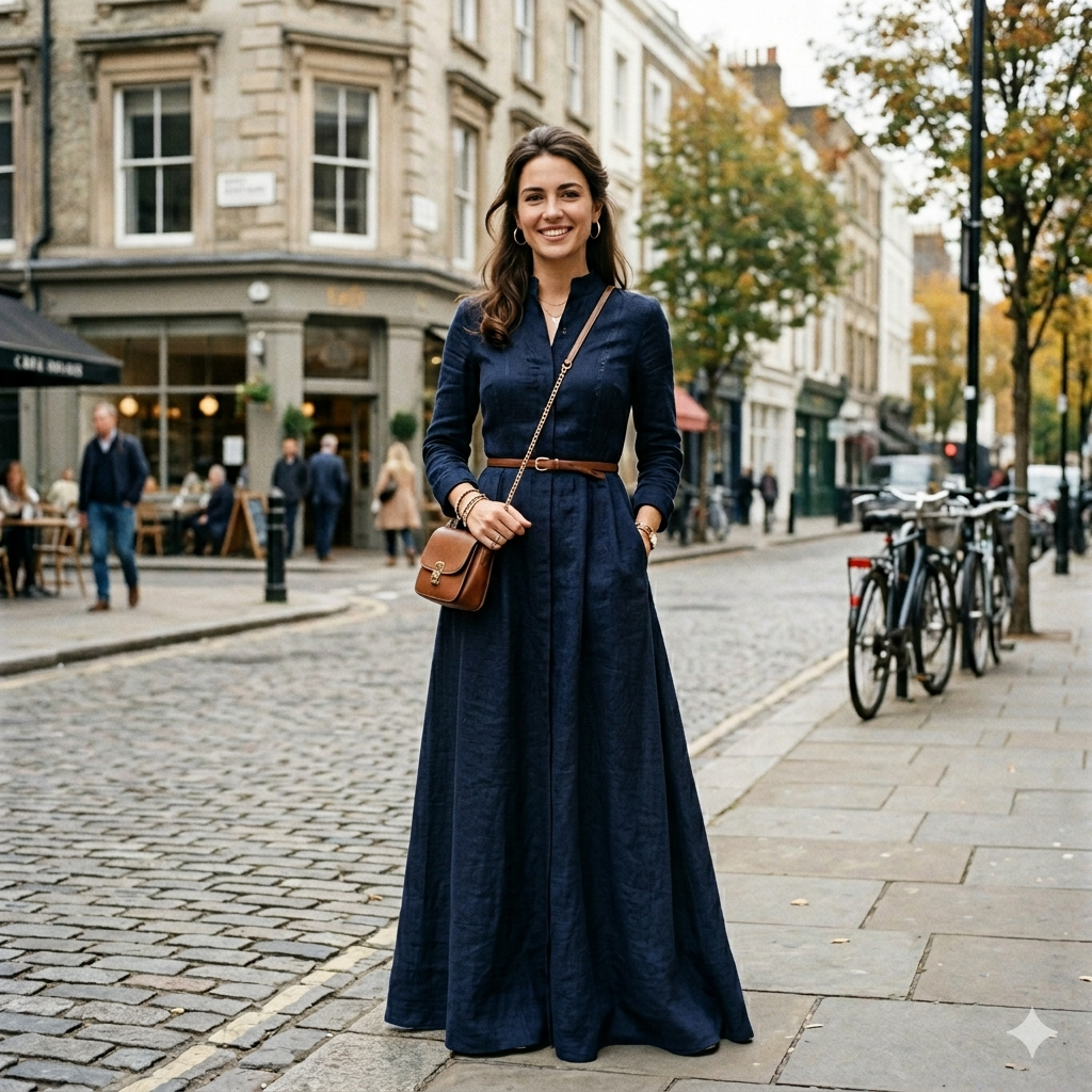 Elegant Navy Blue Full-Length Maxi Dress - Minimalist Long Sleeve Button-Down Frock